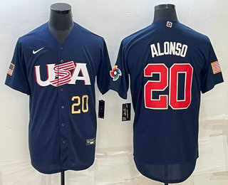 Mens USA Baseball #20 Pete Alonso Number 2023 Navy World Baseball Classic Stitched Jerseys